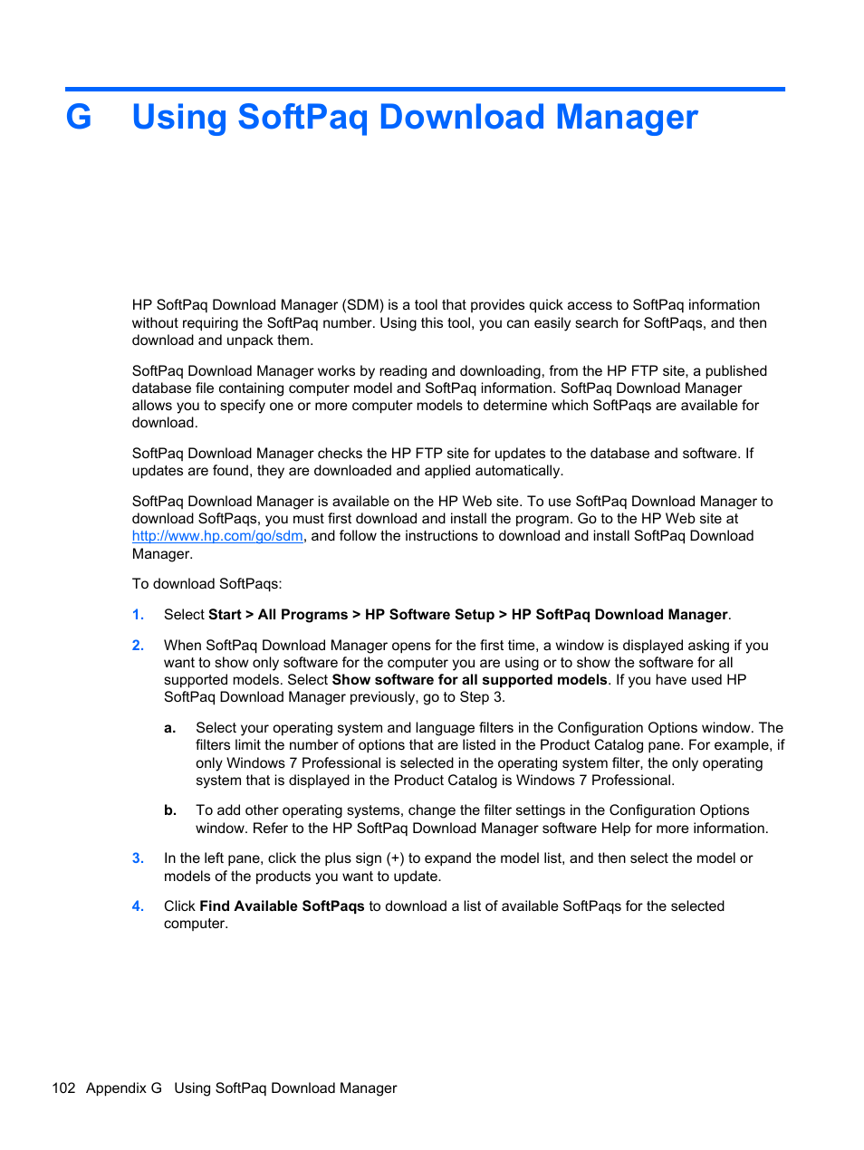 Using softpaq download manager, Appendix g using softpaq download manager, Gusing softpaq download manager | HP Pavilion dv6-6c40ca Entertainment Notebook PC User Manual | Page 112 / 117