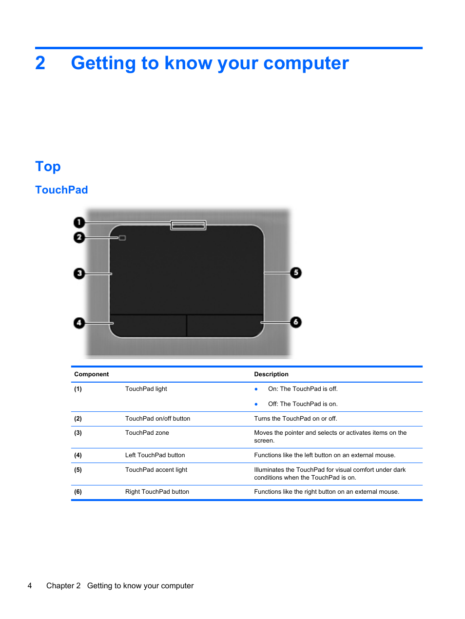 Getting to know your computer, Touchpad, 2 getting to know your computer | 2getting to know your computer | HP Pavilion dv6-6c40ca Entertainment Notebook PC User Manual | Page 14 / 117
