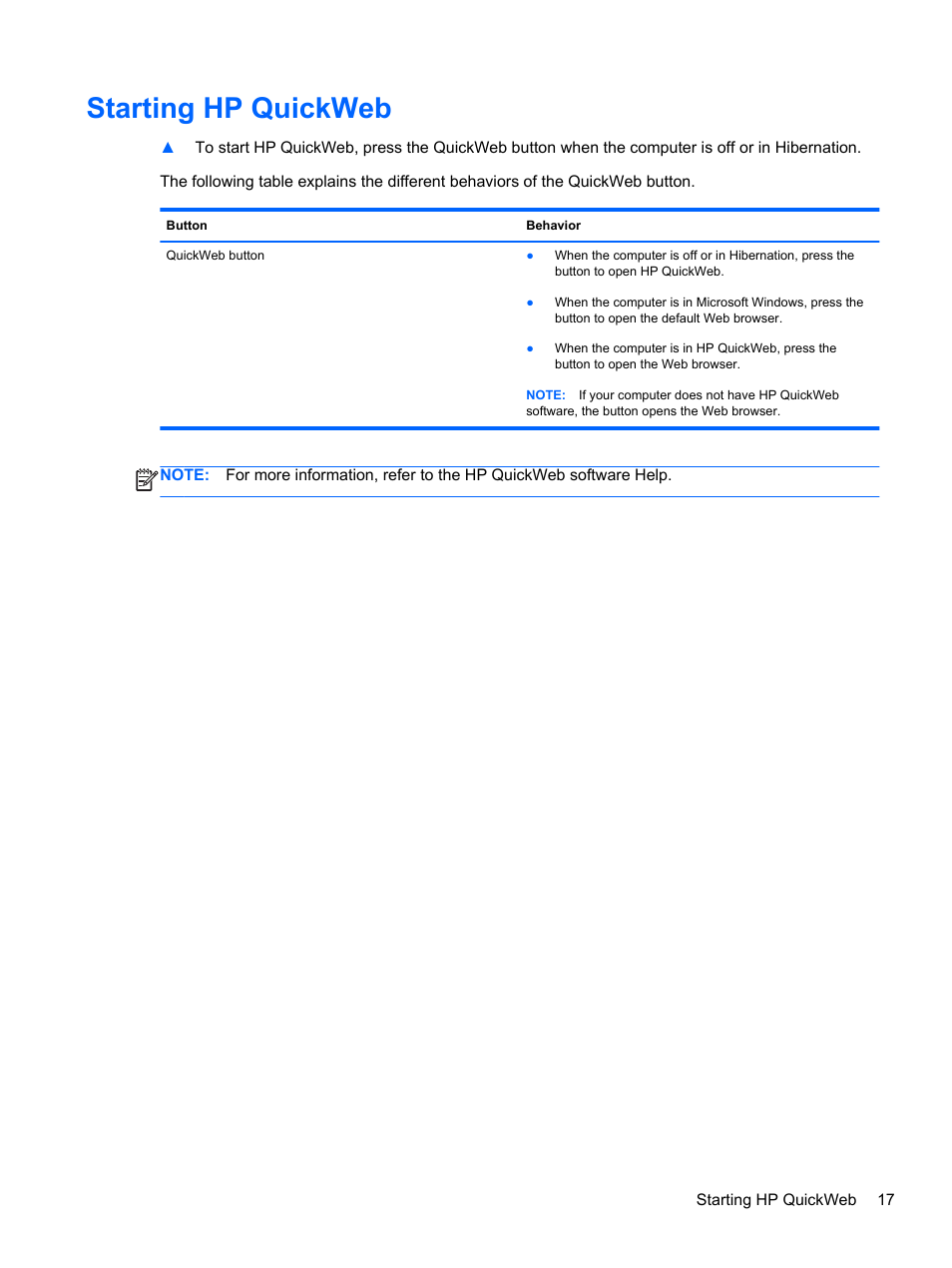 Starting hp quickweb | HP Pavilion dv6-6c40ca Entertainment Notebook PC User Manual | Page 27 / 117