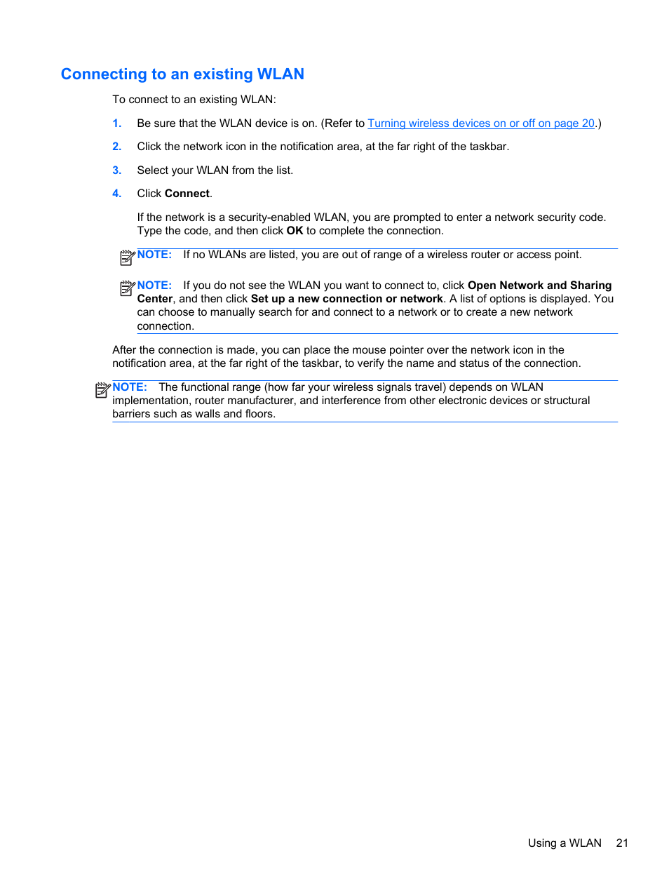 Connecting to an existing wlan | HP Pavilion dv6-6c40ca Entertainment Notebook PC User Manual | Page 31 / 117