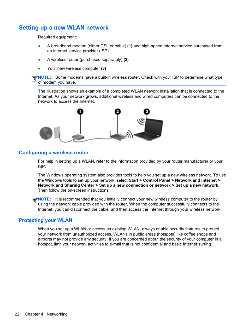 Setting up a new wlan network, Configuring a wireless router, Protecting your wlan | Configuring a wireless router protecting your wlan | HP Pavilion dv6-6c40ca Entertainment Notebook PC User Manual | Page 32 / 117