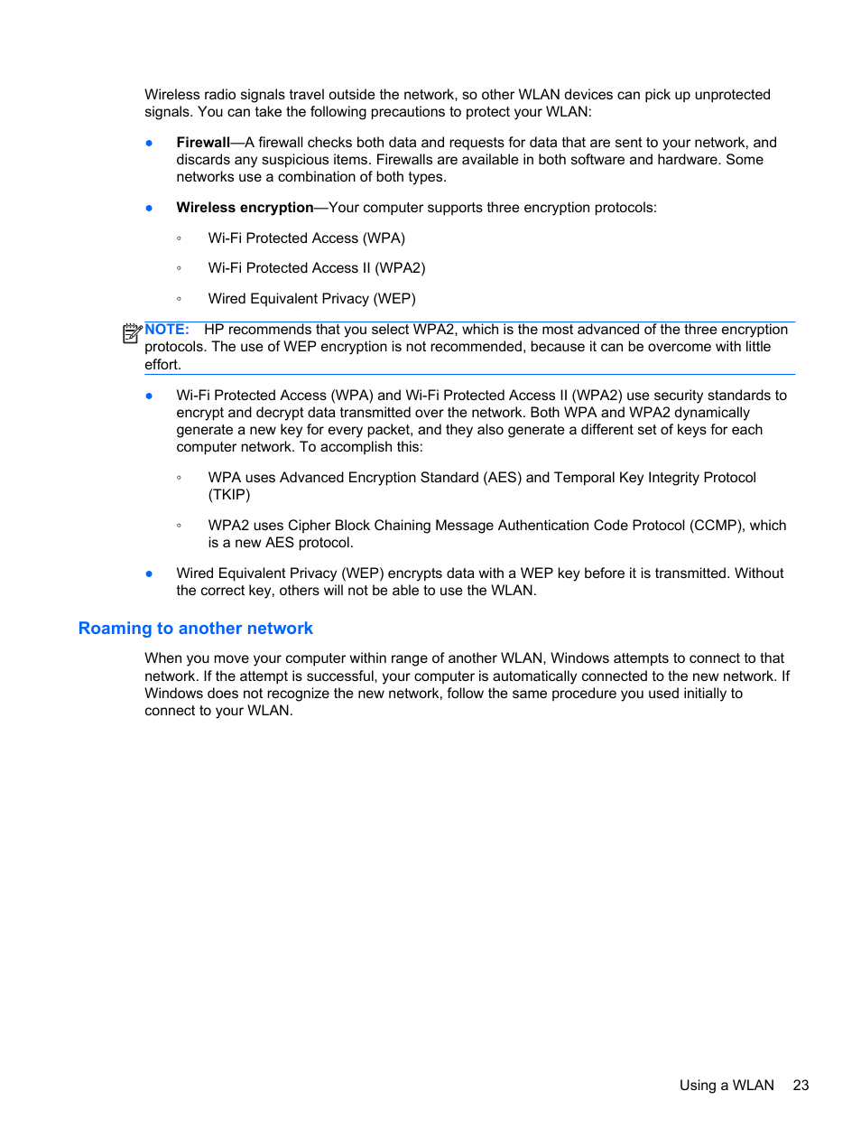 Roaming to another network | HP Pavilion dv6-6c40ca Entertainment Notebook PC User Manual | Page 33 / 117