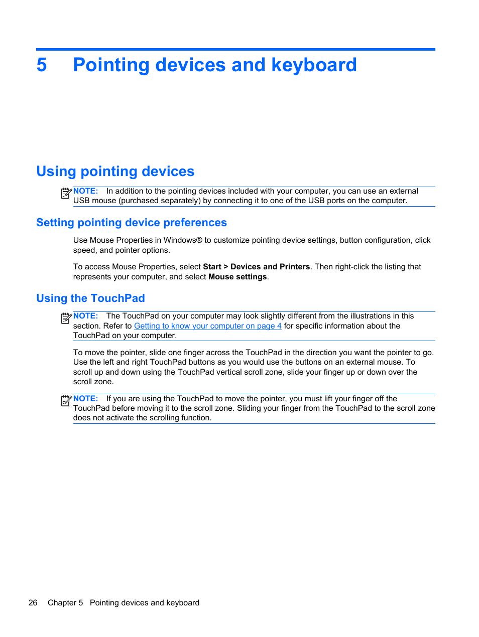 Pointing devices and keyboard, Using pointing devices, Setting pointing device preferences | Using the touchpad, 5 pointing devices and keyboard, Pointing, 5pointing devices and keyboard | HP Pavilion dv6-6c40ca Entertainment Notebook PC User Manual | Page 36 / 117