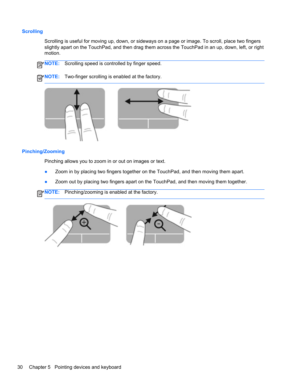 Scrolling, Pinching/zooming, Scrolling pinching/zooming | HP Pavilion dv6-6c40ca Entertainment Notebook PC User Manual | Page 40 / 117