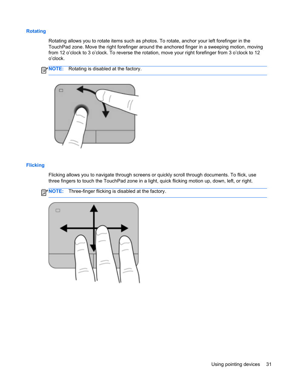 Rotating, Flicking, Rotating flicking | HP Pavilion dv6-6c40ca Entertainment Notebook PC User Manual | Page 41 / 117