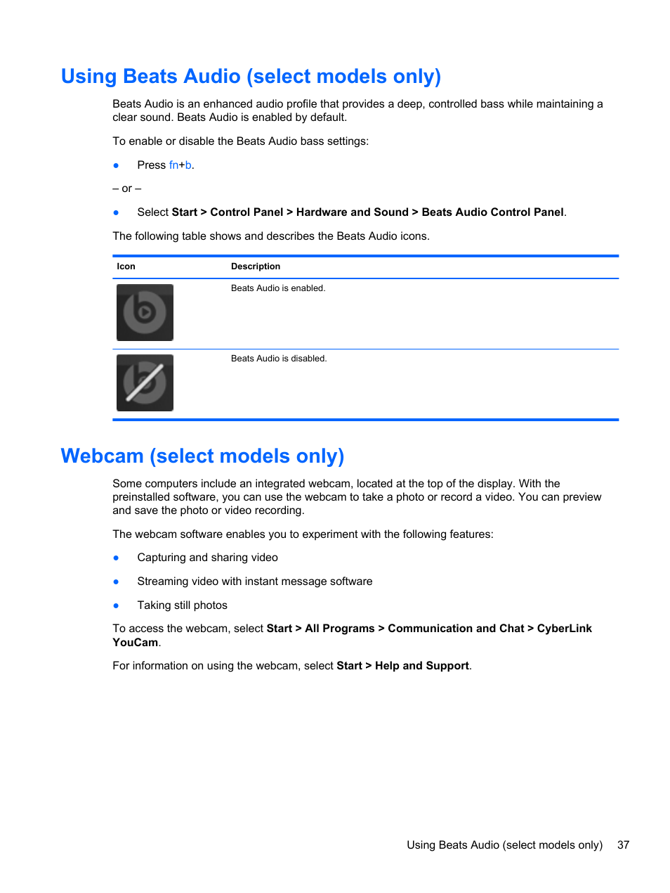 Using beats audio (select models only), Webcam (select models only) | HP Pavilion dv6-6c40ca Entertainment Notebook PC User Manual | Page 47 / 117