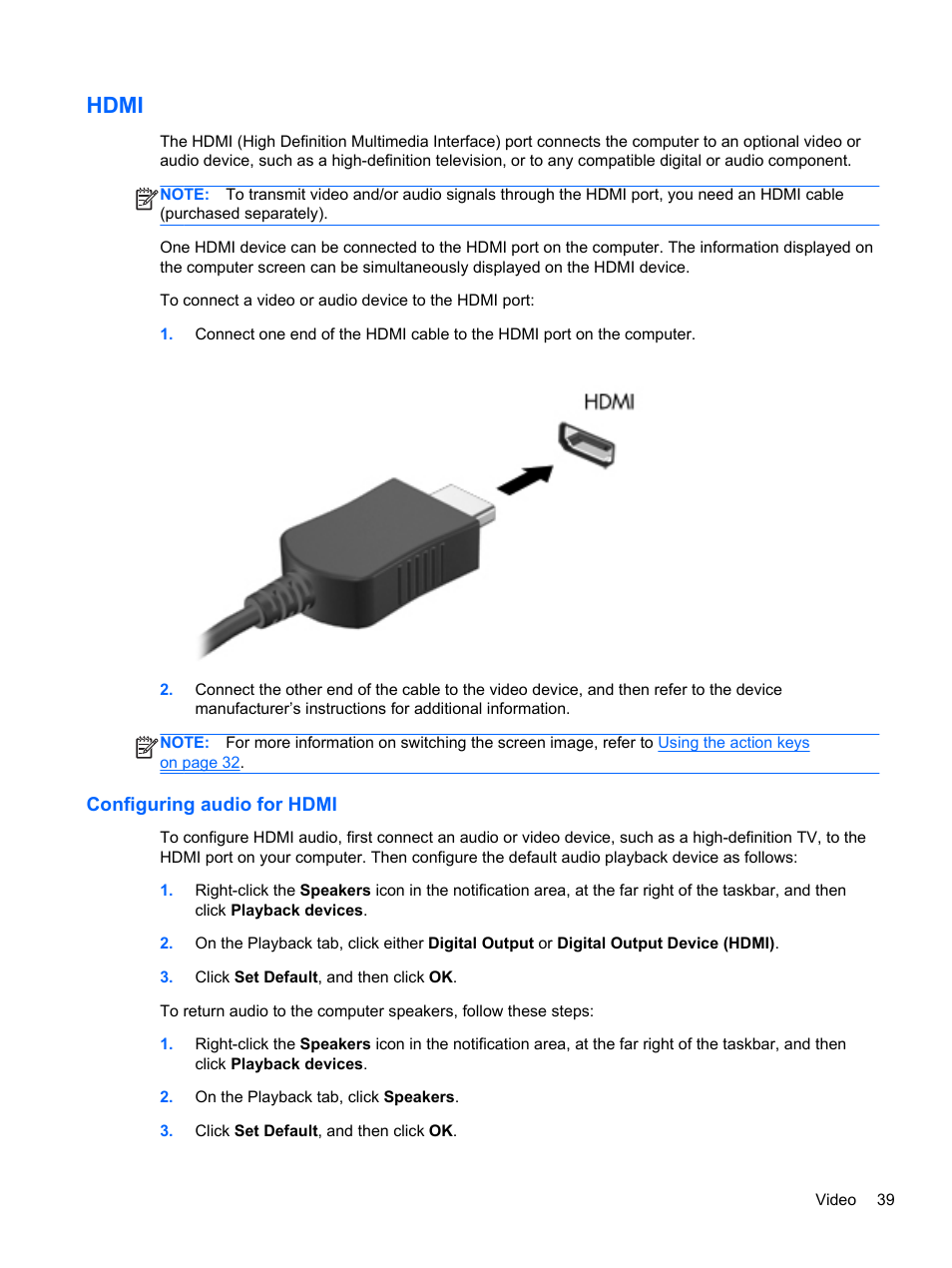 Hdmi, Configuring audio for hdmi | HP Pavilion dv6-6c40ca Entertainment Notebook PC User Manual | Page 49 / 117