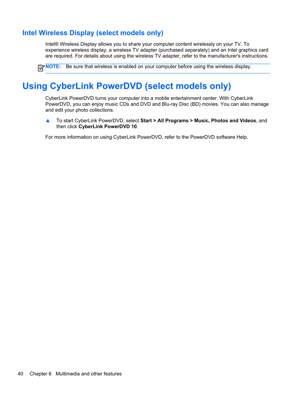 Intel wireless display (select models only), Using cyberlink powerdvd (select models only) | HP Pavilion dv6-6c40ca Entertainment Notebook PC User Manual | Page 50 / 117