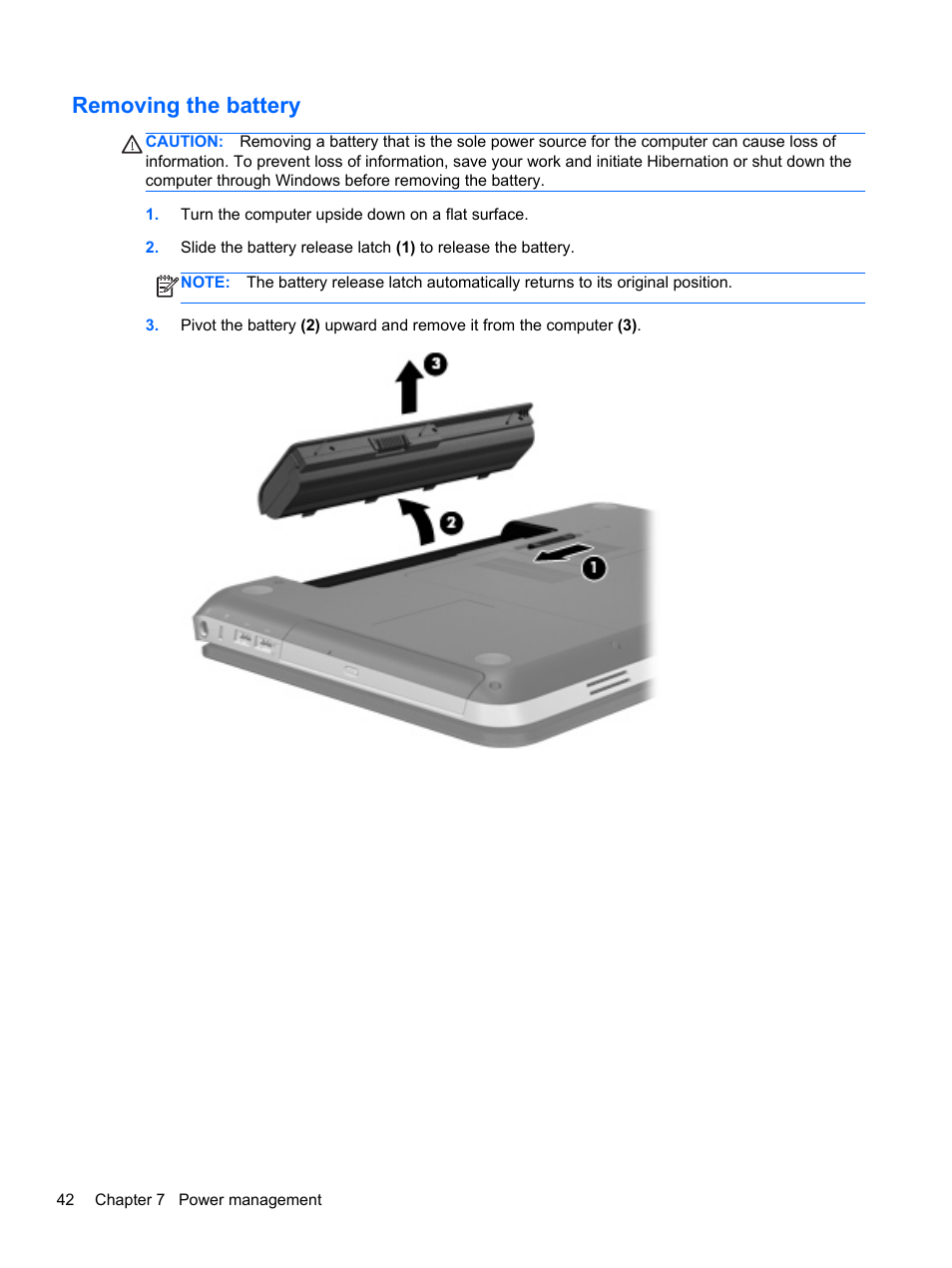 Removing the battery | HP Pavilion dv6-6c40ca Entertainment Notebook PC User Manual | Page 52 / 117