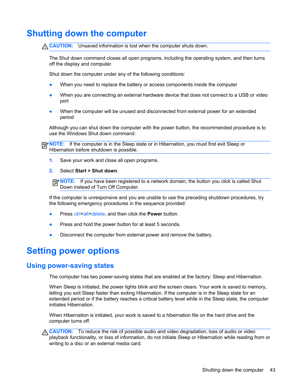 Shutting down the computer, Setting power options, Using power-saving states | Shutting down the computer setting power options | HP Pavilion dv6-6c40ca Entertainment Notebook PC User Manual | Page 53 / 117