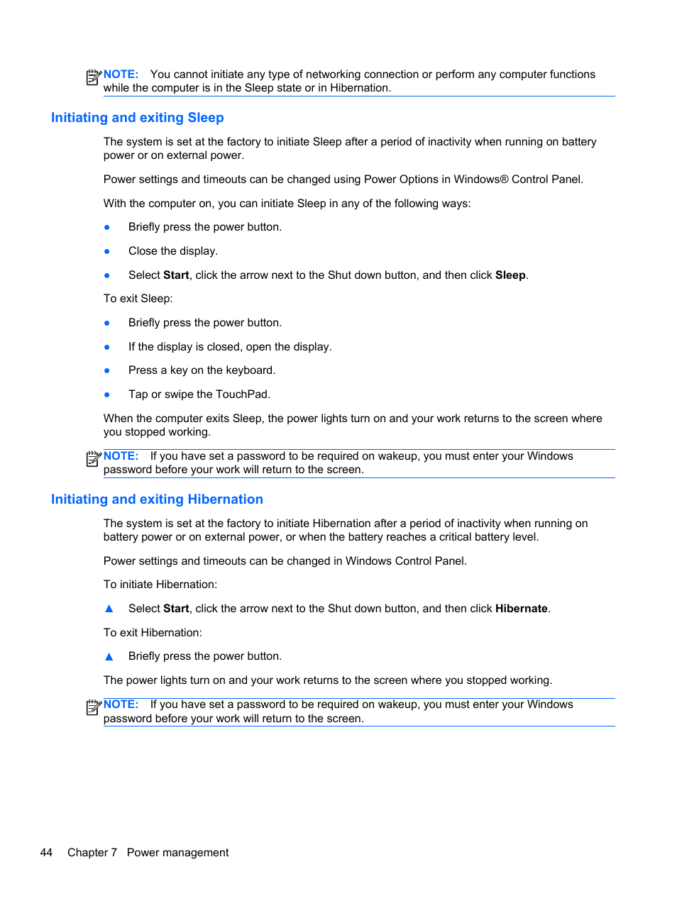 Initiating and exiting sleep, Initiating and exiting hibernation | HP Pavilion dv6-6c40ca Entertainment Notebook PC User Manual | Page 54 / 117