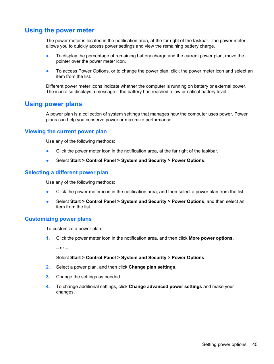 Using the power meter, Using power plans, Viewing the current power plan | Selecting a different power plan, Customizing power plans, Using the power meter using power plans | HP Pavilion dv6-6c40ca Entertainment Notebook PC User Manual | Page 55 / 117