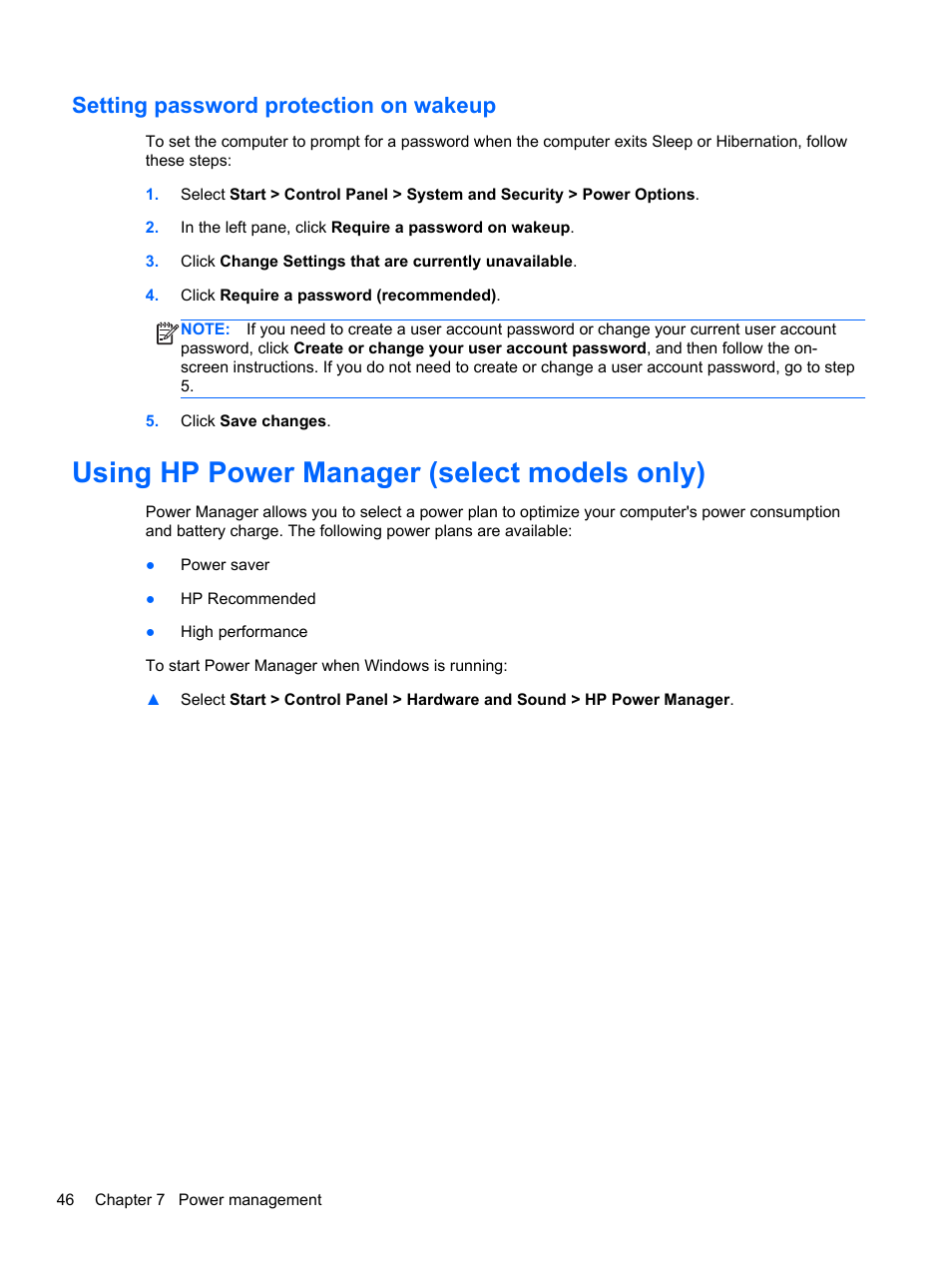 Setting password protection on wakeup, Using hp power manager (select models only) | HP Pavilion dv6-6c40ca Entertainment Notebook PC User Manual | Page 56 / 117