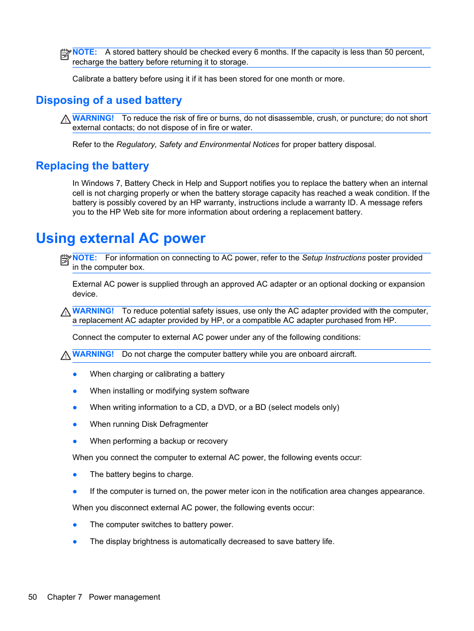 Disposing of a used battery, Replacing the battery, Using external ac power | Disposing of a used battery replacing the battery | HP Pavilion dv6-6c40ca Entertainment Notebook PC User Manual | Page 60 / 117