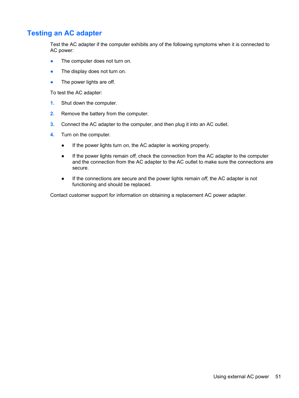 Testing an ac adapter | HP Pavilion dv6-6c40ca Entertainment Notebook PC User Manual | Page 61 / 117