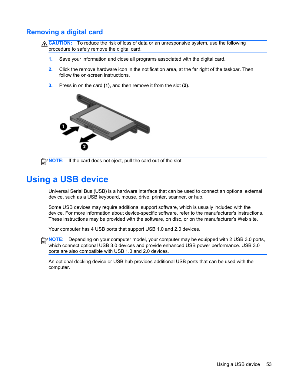 Removing a digital card, Using a usb device | HP Pavilion dv6-6c40ca Entertainment Notebook PC User Manual | Page 63 / 117