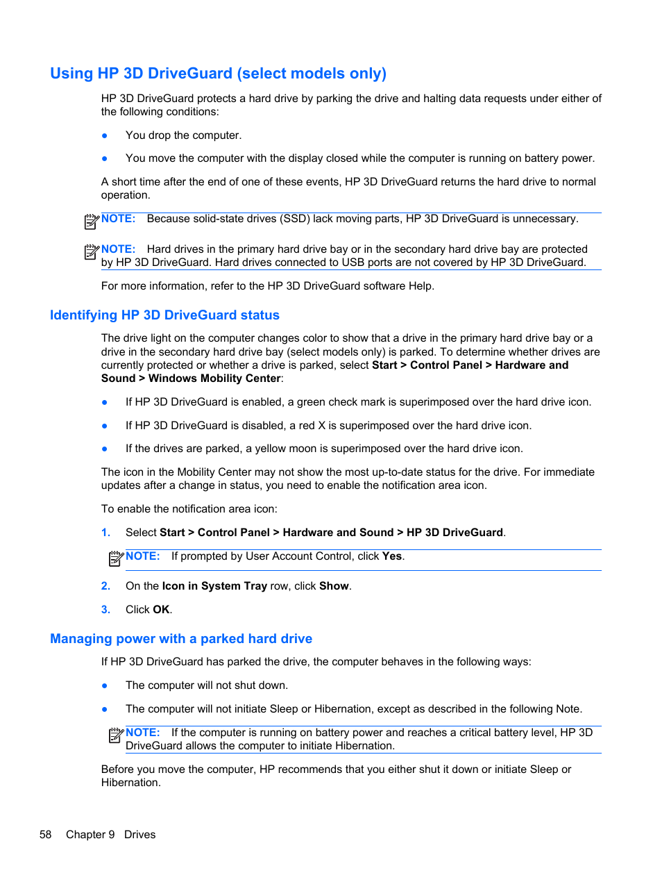 Using hp 3d driveguard (select models only), Identifying hp 3d driveguard status, Managing power with a parked hard drive | HP Pavilion dv6-6c40ca Entertainment Notebook PC User Manual | Page 68 / 117