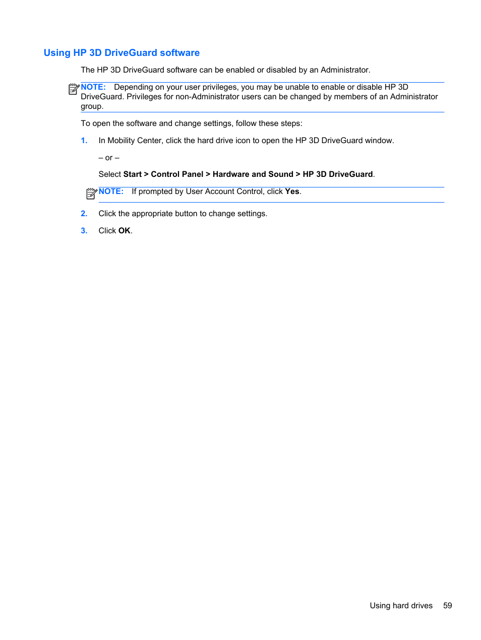 Using hp 3d driveguard software | HP Pavilion dv6-6c40ca Entertainment Notebook PC User Manual | Page 69 / 117