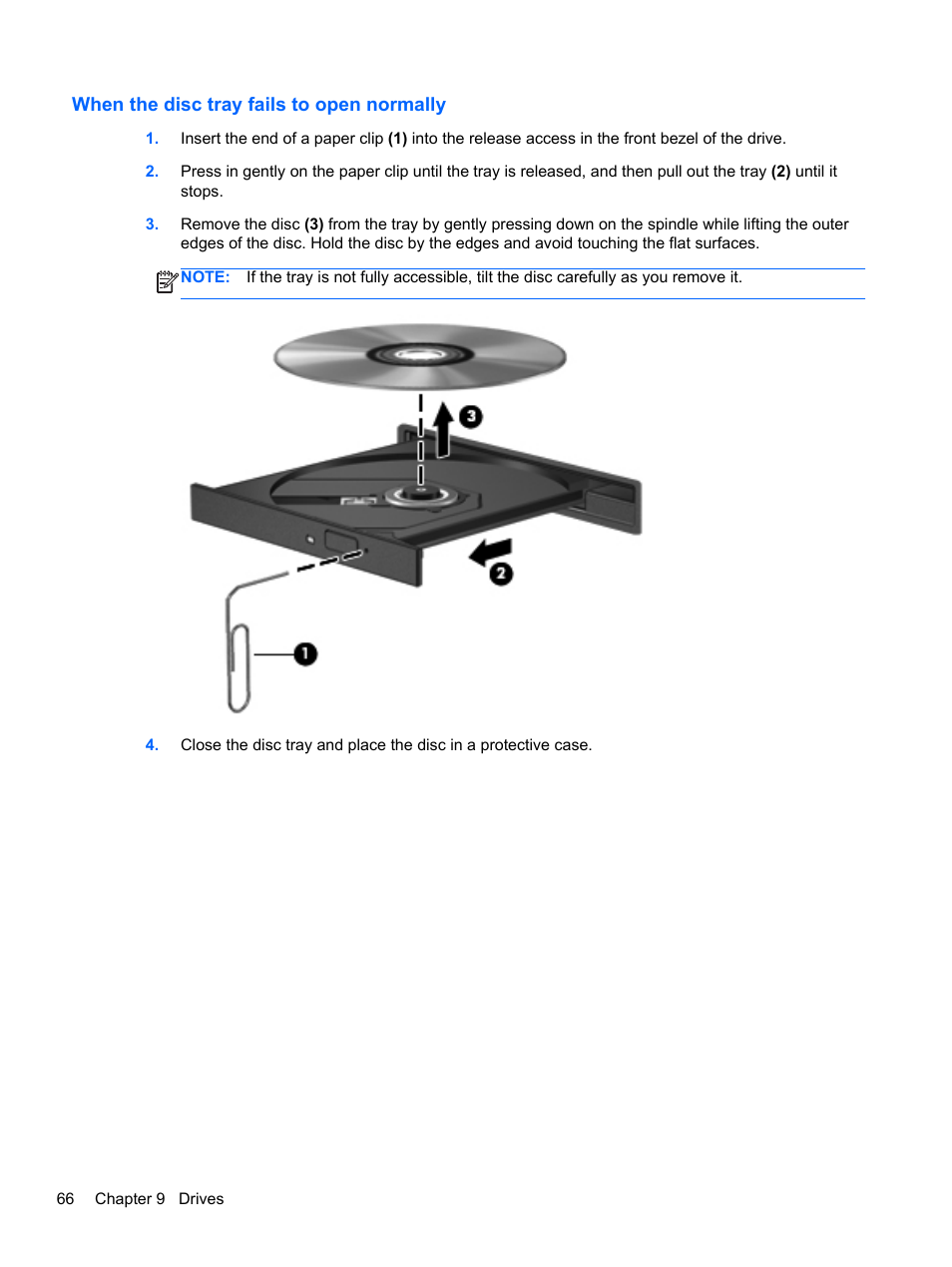 When the disc tray fails to open normally | HP Pavilion dv6-6c40ca Entertainment Notebook PC User Manual | Page 76 / 117