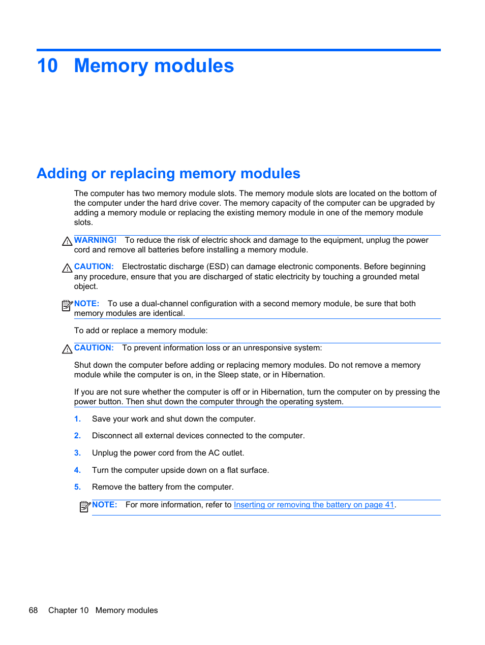 Memory modules, Adding or replacing memory modules, 10 memory modules | HP Pavilion dv6-6c40ca Entertainment Notebook PC User Manual | Page 78 / 117