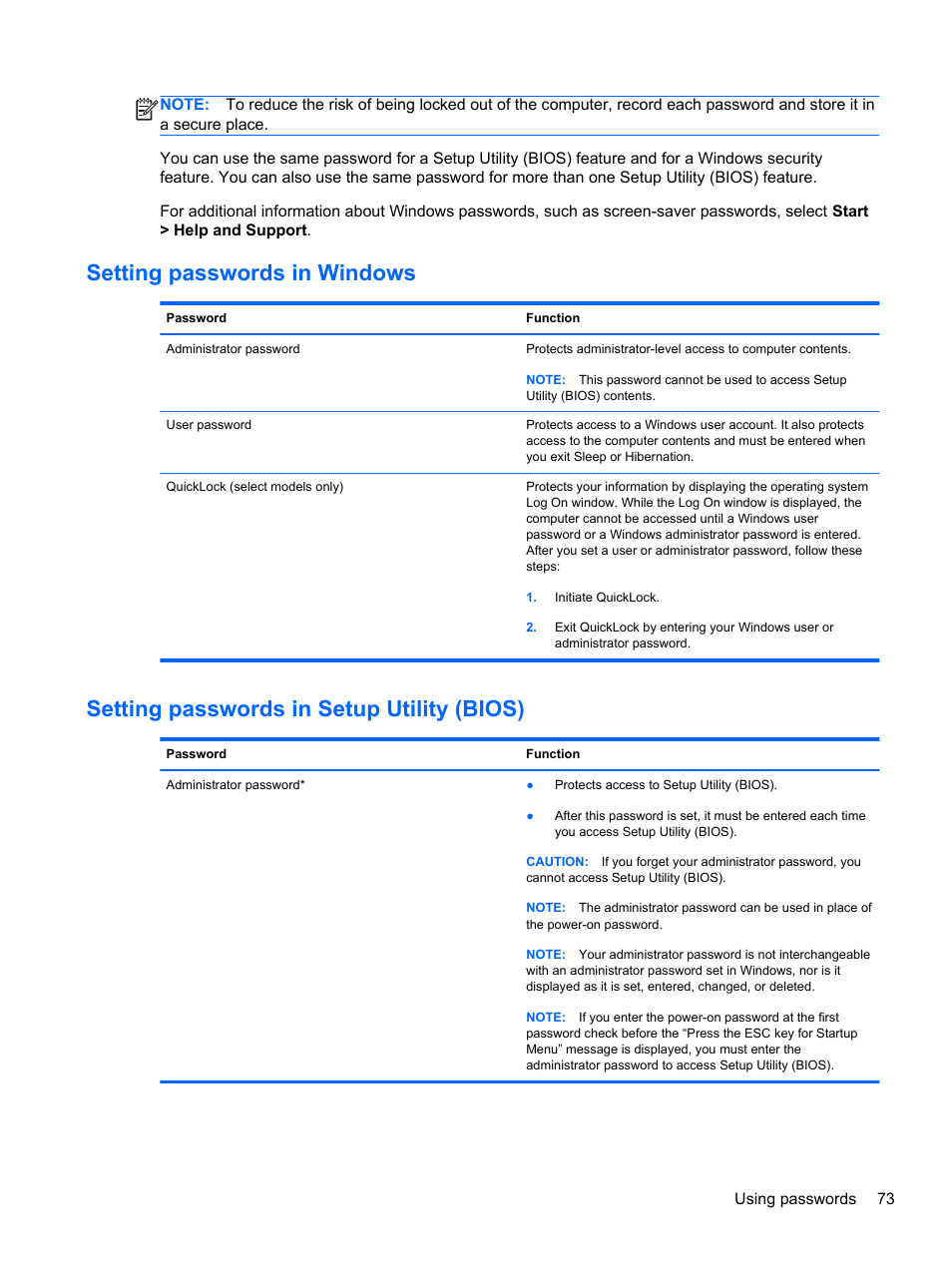 Setting passwords in windows, Setting passwords in setup utility (bios) | HP Pavilion dv6-6c40ca Entertainment Notebook PC User Manual | Page 83 / 117