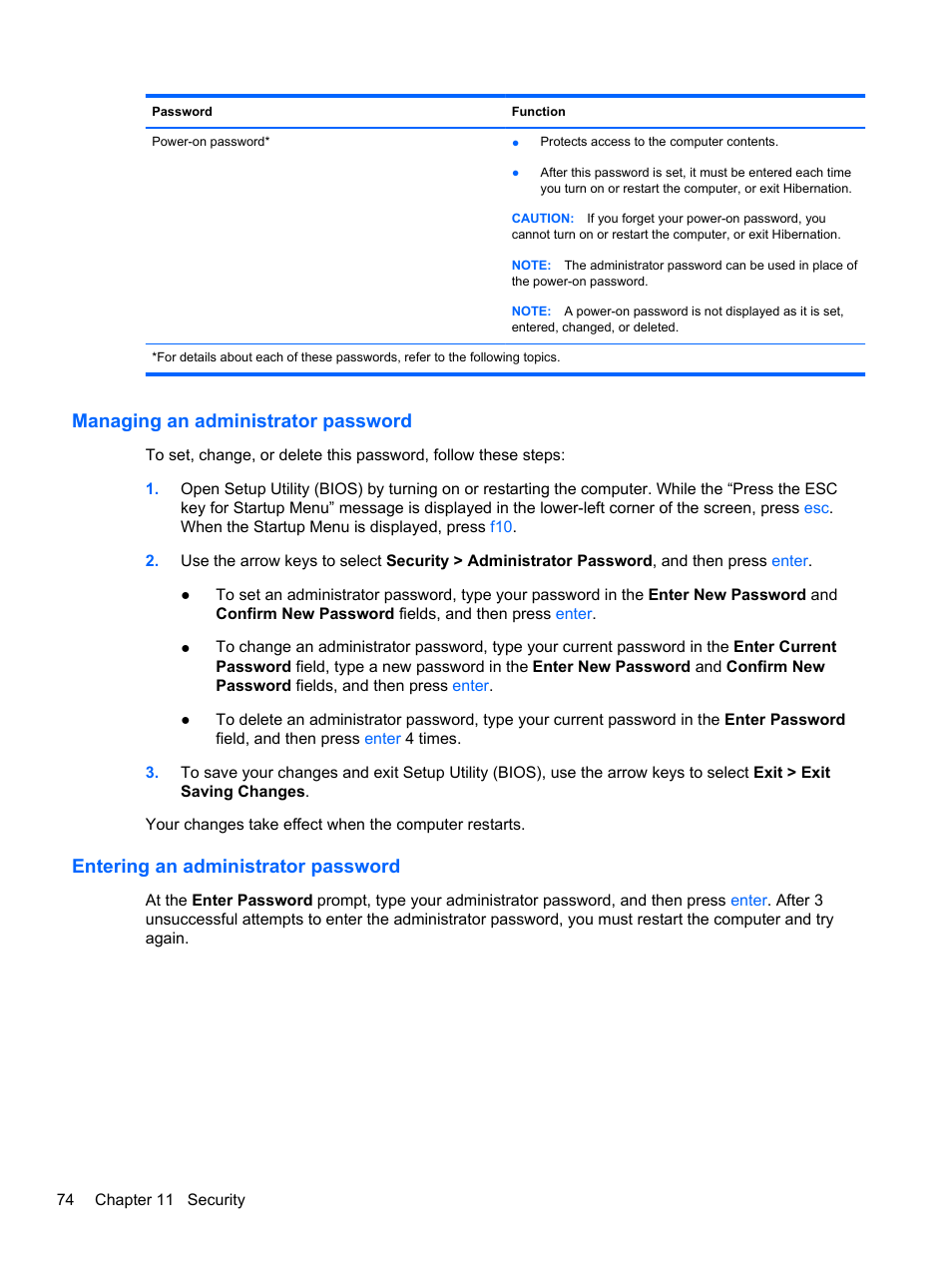 Managing an administrator password, Entering an administrator password | HP Pavilion dv6-6c40ca Entertainment Notebook PC User Manual | Page 84 / 117