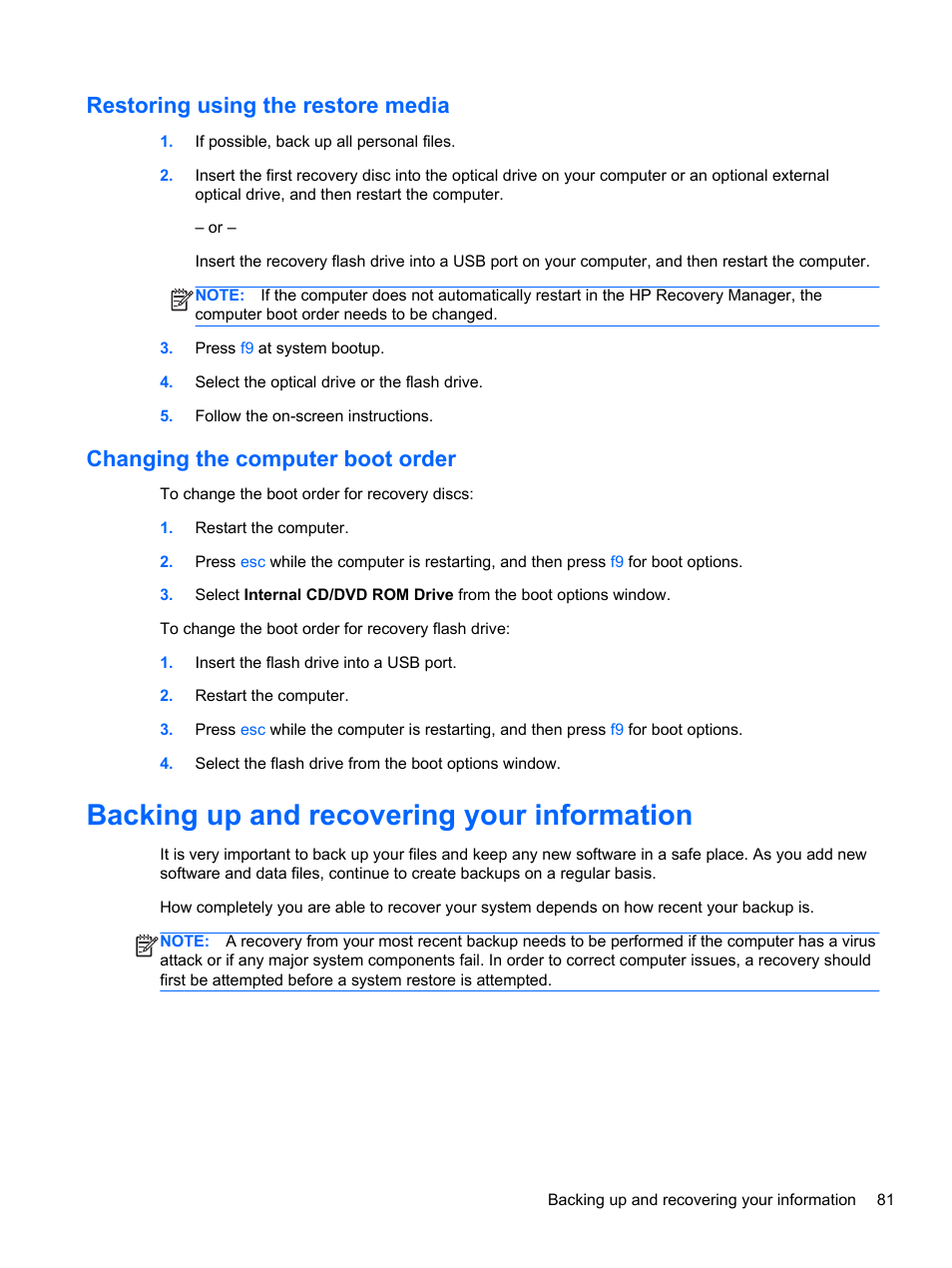 Restoring using the restore media, Changing the computer boot order, Backing up and recovering your information | HP Pavilion dv6-6c40ca Entertainment Notebook PC User Manual | Page 91 / 117