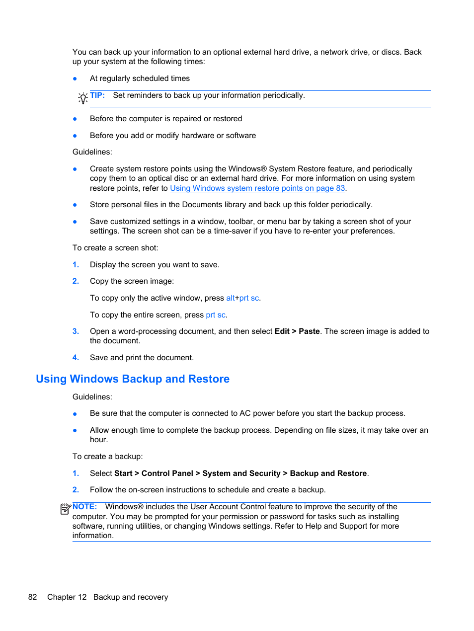 Using windows backup and restore | HP Pavilion dv6-6c40ca Entertainment Notebook PC User Manual | Page 92 / 117