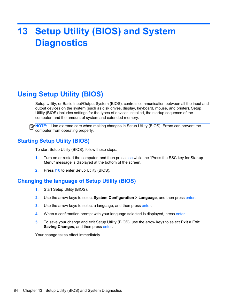 Setup utility (bios) and system diagnostics, Using setup utility (bios), Starting setup utility (bios) | Changing the language of setup utility (bios), 13 setup utility (bios) and system diagnostics | HP Pavilion dv6-6c40ca Entertainment Notebook PC User Manual | Page 94 / 117