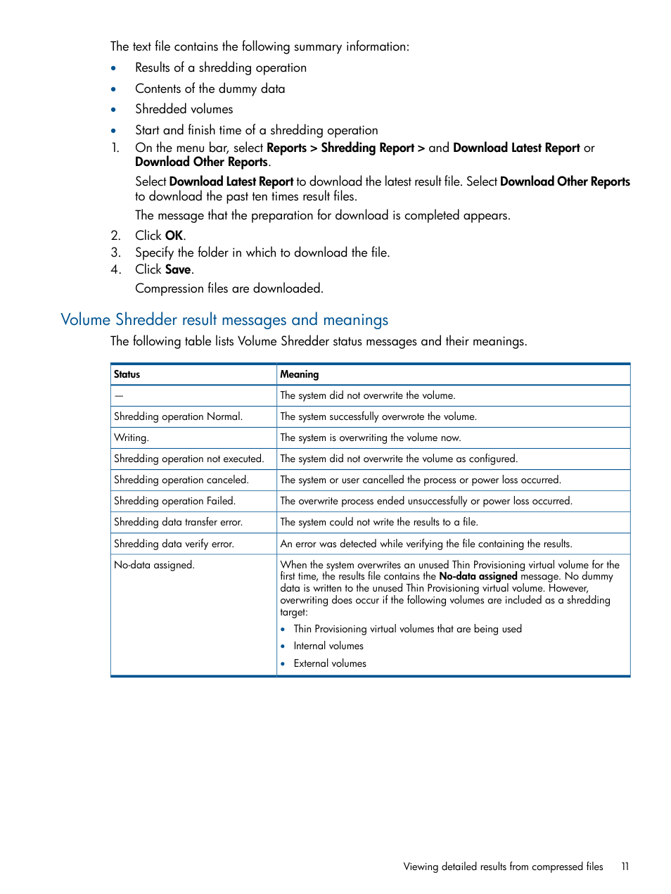 Volume shredder result messages and meanings | HP XP P9500 Storage User Manual | Page 11 / 21