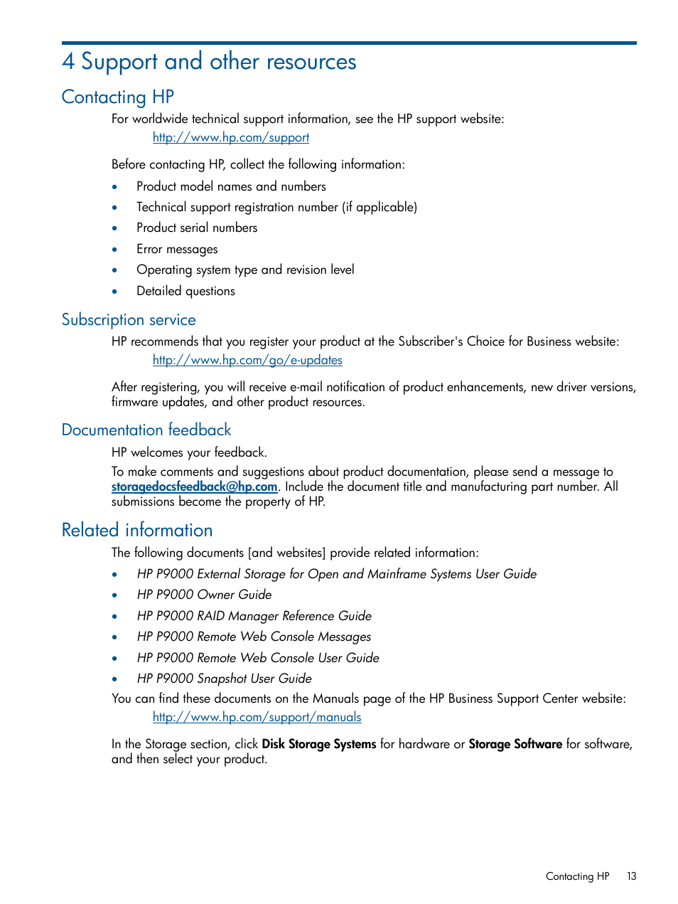 4 support and other resources, Contacting hp, Subscription service | Documentation feedback, Related information, Subscription service documentation feedback | HP XP P9500 Storage User Manual | Page 13 / 21