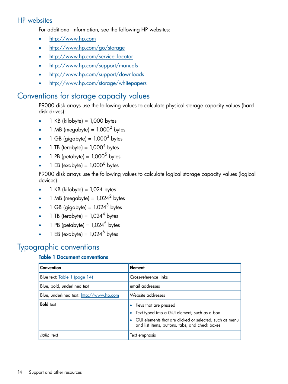 Hp websites, Conventions for storage capacity values, Typographic conventions | HP XP P9500 Storage User Manual | Page 14 / 21