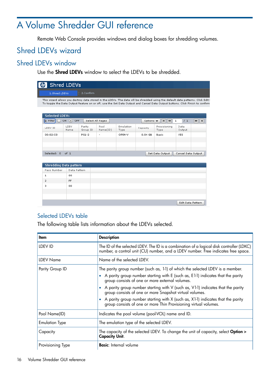 A volume shredder gui reference, Shred ldevs wizard, Shred ldevs window | HP XP P9500 Storage User Manual | Page 16 / 21