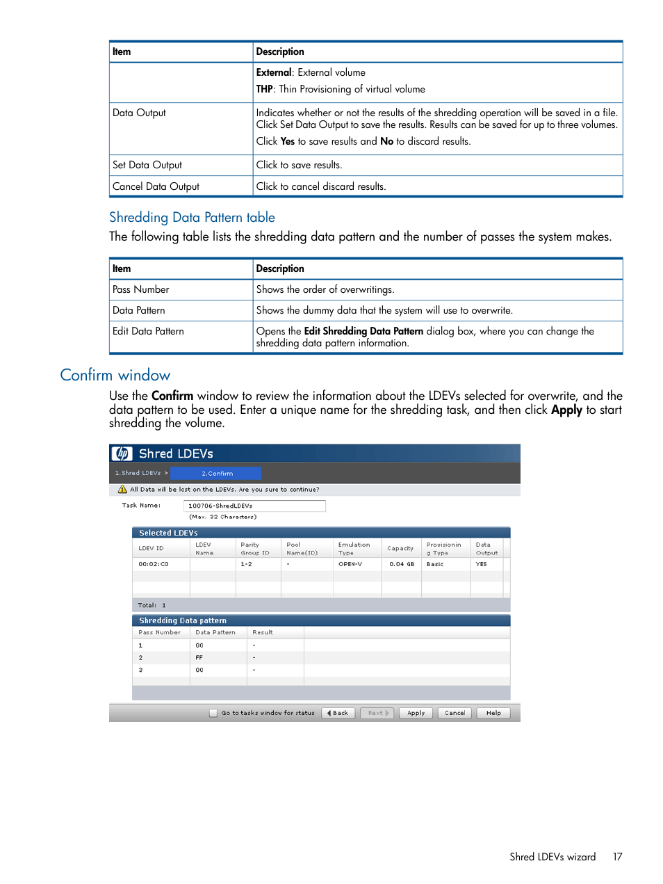 Confirm window, Shredding data pattern table | HP XP P9500 Storage User Manual | Page 17 / 21