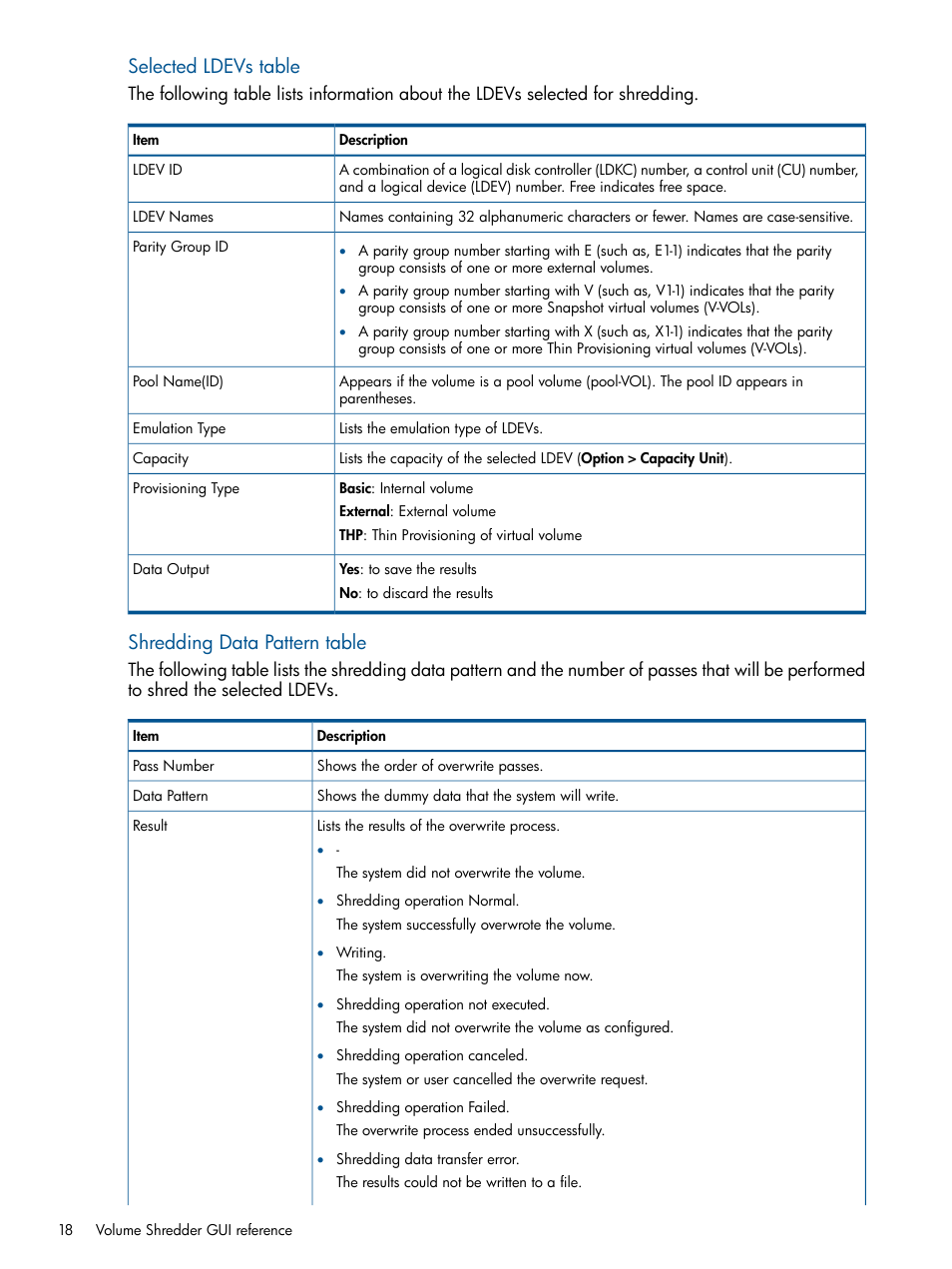 Selected ldevs table, Shredding data pattern table | HP XP P9500 Storage User Manual | Page 18 / 21