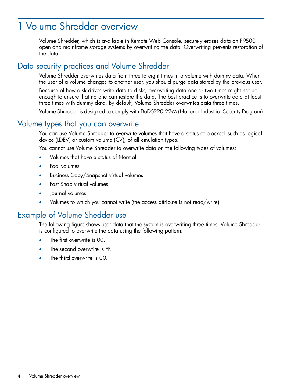 1 volume shredder overview, Data security practices and volume shredder, Volume types that you can overwrite | Example of volume shedder use | HP XP P9500 Storage User Manual | Page 4 / 21