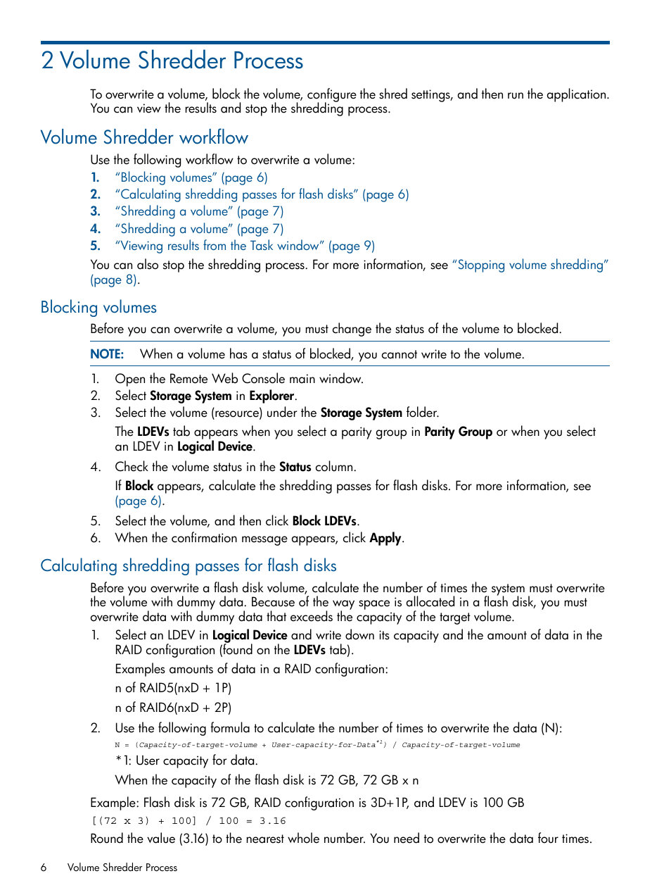 2 volume shredder process, Volume shredder workflow, Blocking volumes | Calculating shredding passes for flash disks | HP XP P9500 Storage User Manual | Page 6 / 21