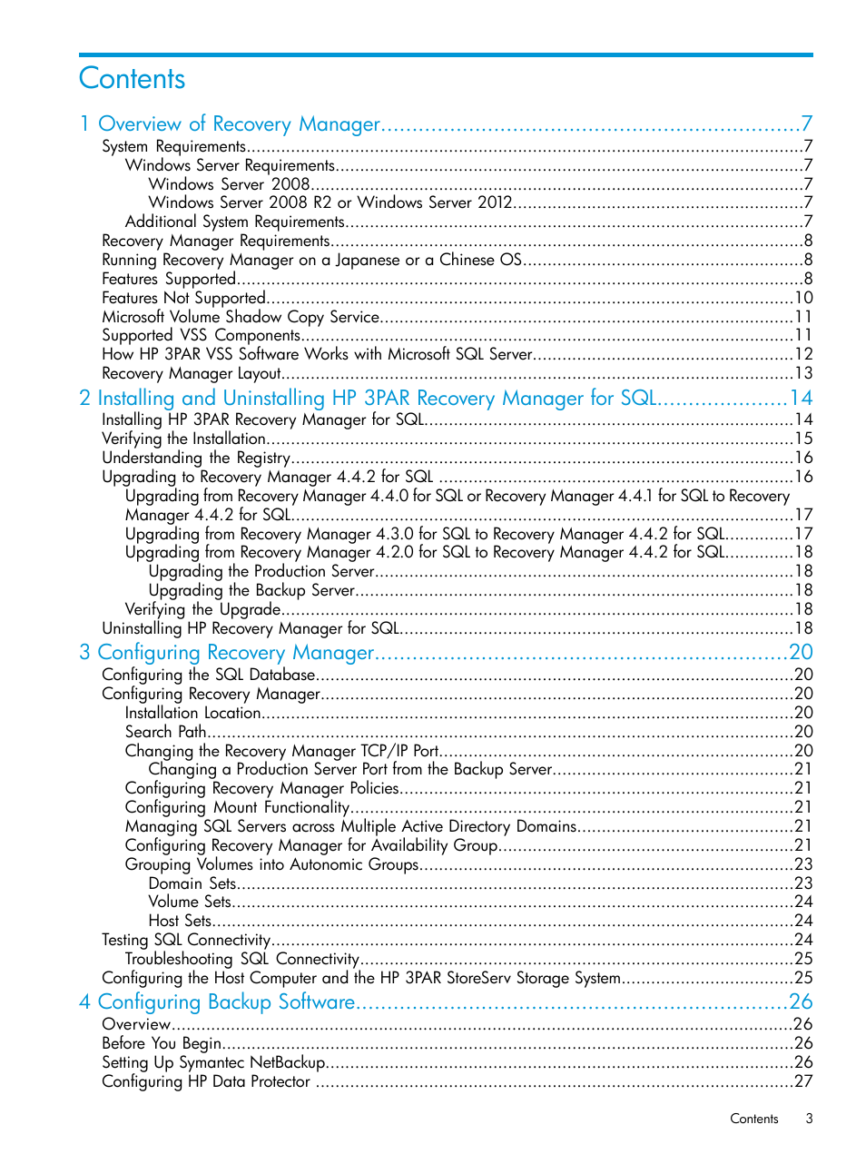 HP 3PAR Recovery Manager Software for Microsoft SQL Server Licenses User Manual | Page 3 / 108