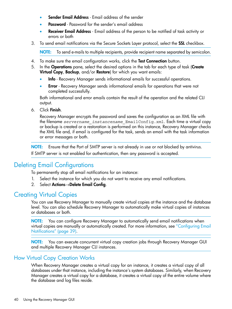 Deleting email configurations, Creating virtual copies, How virtual copy creation works | HP 3PAR Recovery Manager Software for Microsoft SQL Server Licenses User Manual | Page 40 / 108