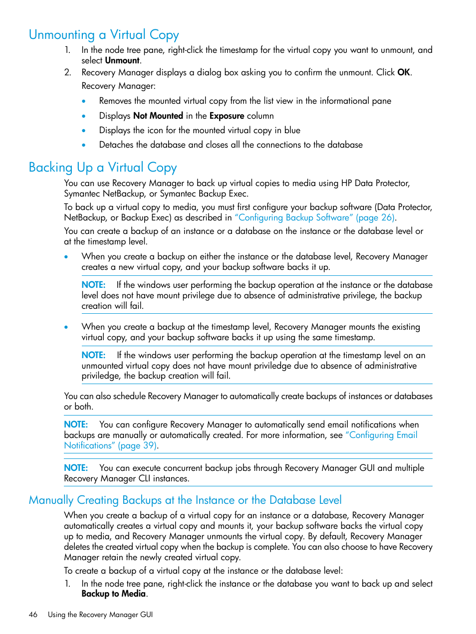 Unmounting a virtual copy, Backing up a virtual copy | HP 3PAR Recovery Manager Software for Microsoft SQL Server Licenses User Manual | Page 46 / 108