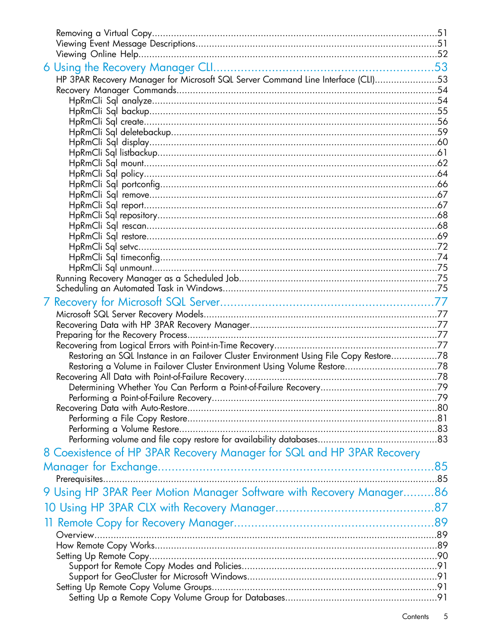 6 using the recovery manager cli, 7 recovery for microsoft sql server | HP 3PAR Recovery Manager Software for Microsoft SQL Server Licenses User Manual | Page 5 / 108