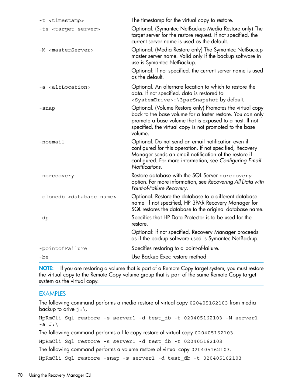 HP 3PAR Recovery Manager Software for Microsoft SQL Server Licenses User Manual | Page 70 / 108