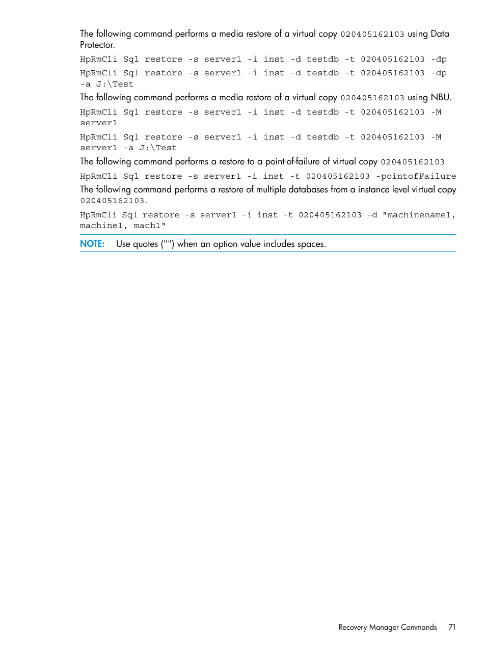 HP 3PAR Recovery Manager Software for Microsoft SQL Server Licenses User Manual | Page 71 / 108