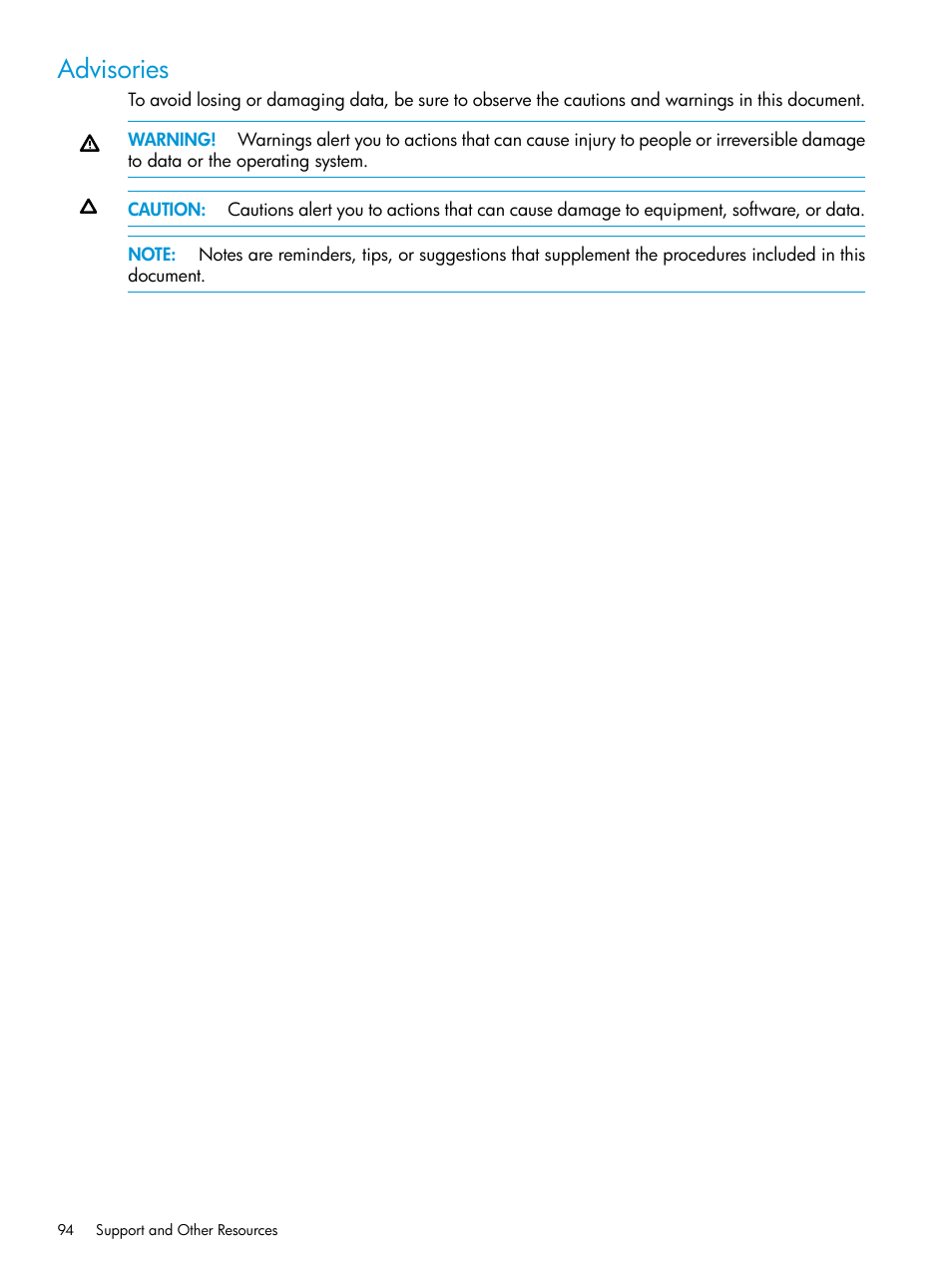 Advisories | HP 3PAR Recovery Manager Software for Microsoft SQL Server Licenses User Manual | Page 94 / 108