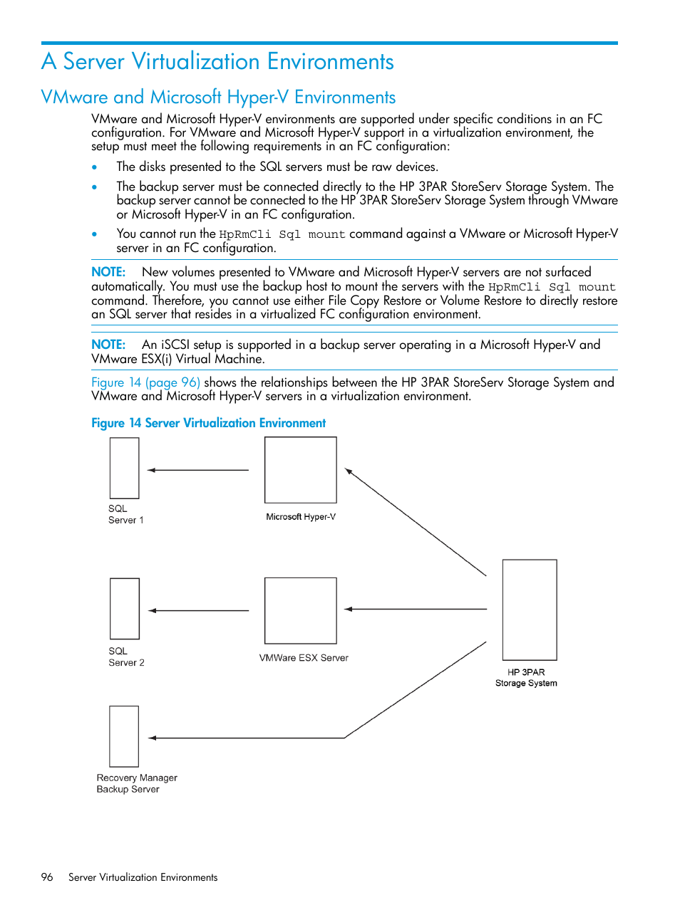 A server virtualization environments, Vmware and microsoft hyper-v environments | HP 3PAR Recovery Manager Software for Microsoft SQL Server Licenses User Manual | Page 96 / 108
