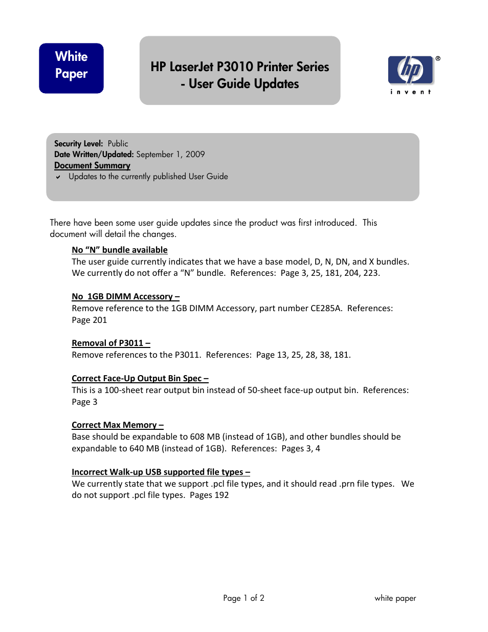 HP LaserJet P3010 Series User Manual | 2 pages