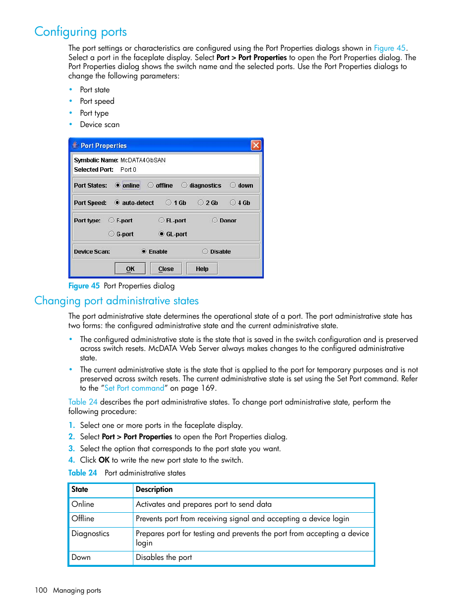 Configuring ports, Figure 45 port properties dialog, Changing port administrative states | Table 24 port administrative states, 45 port properties dialog, 24 port administrative states, Configuring, Ports | HP McDATA 4Gb SAN Switch for HP BladeSystem p-Class User Manual | Page 100 / 226