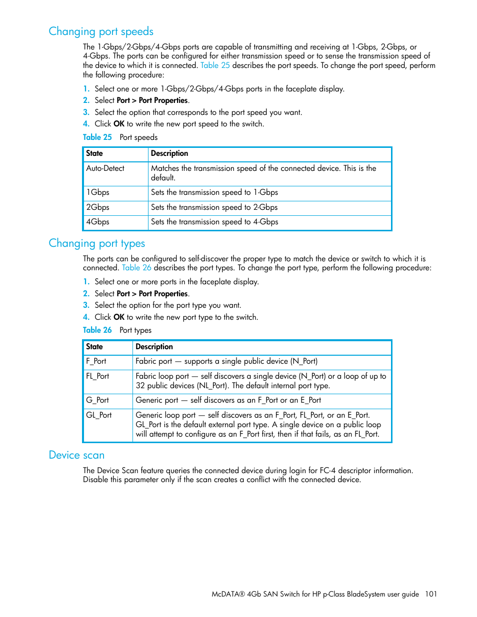 Changing port speeds, Table 25 port speeds, Changing port types | Table 26 port types, Device scan, 25 port speeds, 26 port types | HP McDATA 4Gb SAN Switch for HP BladeSystem p-Class User Manual | Page 101 / 226