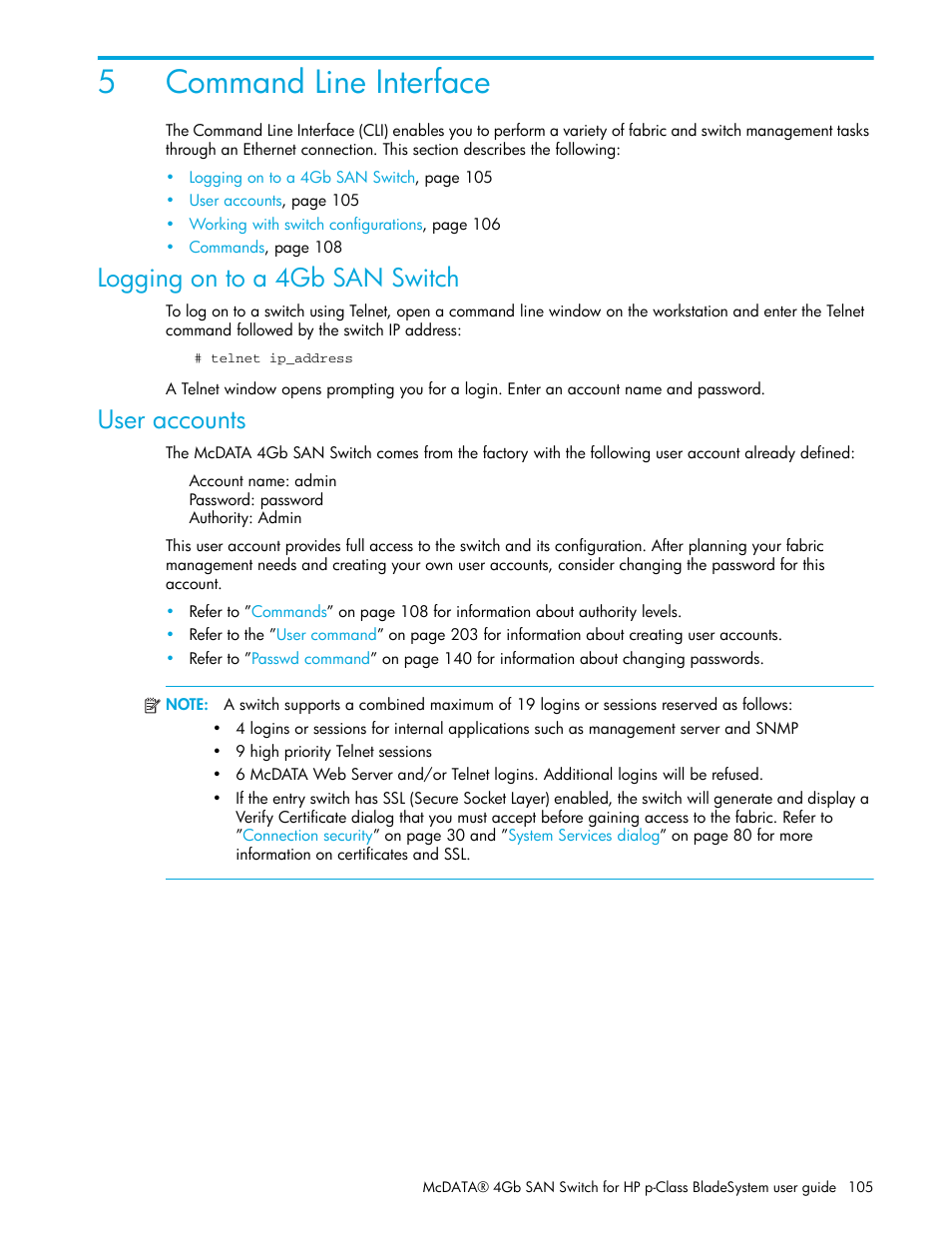 Command line interface, Logging on to a 4gb san switch, User accounts | 5 command line interface, 5command line interface | HP McDATA 4Gb SAN Switch for HP BladeSystem p-Class User Manual | Page 105 / 226