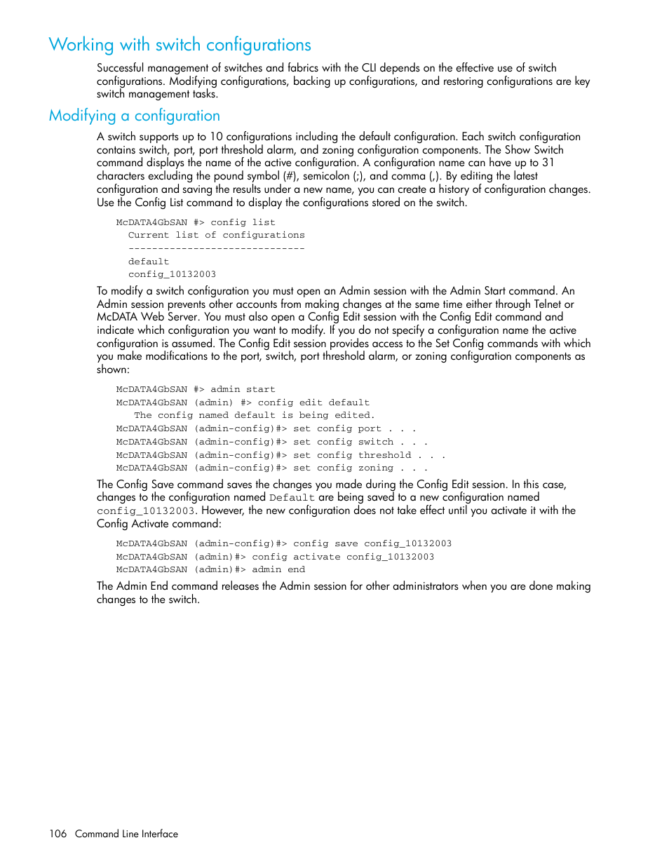 Working with switch configurations, Modifying a configuration | HP McDATA 4Gb SAN Switch for HP BladeSystem p-Class User Manual | Page 106 / 226